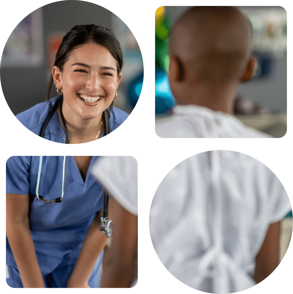 Smiling medical professional talking to a child in a medical gown.